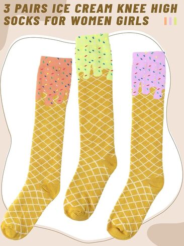 3 Pairs Ice Cream Knee High Socks for Women Girl Funny Novelty Ice Cream Gift Christmas Stocking Holiday Party Favor in Saudi Arabia