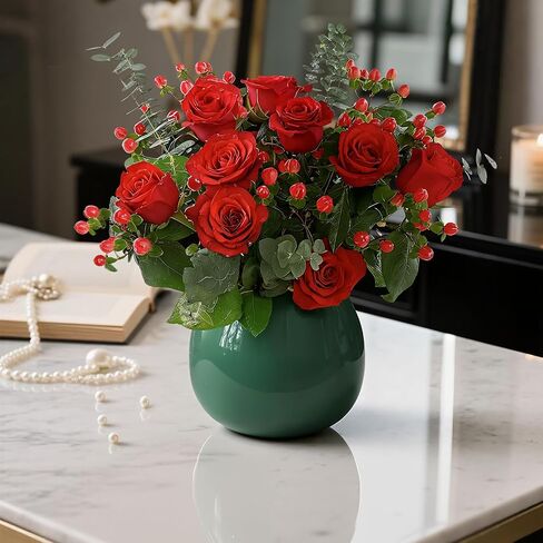 Flower Vase-Handcrafted Ceramic with Smooth Green Glaze, Small Vase for Flowers w/Waterproof Interior and Anti-Slip Bottom, Vases Home Decor Shelf Decor Table Centerpieces in Saudi Arabia