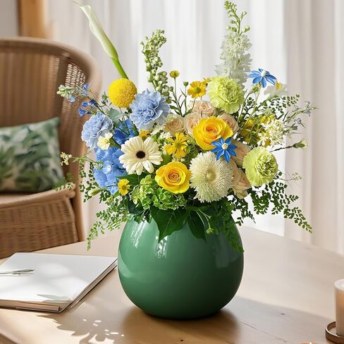 Flower Vase-Handcrafted Ceramic with Smooth Green Glaze, Small Vase for Flowers w/Waterproof Interior and Anti-Slip Bottom, Vases Home Decor Shelf Decor Table Centerpieces in Saudi Arabia