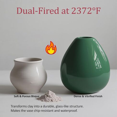 Flower Vase-Handcrafted Ceramic with Smooth Green Glaze, Small Vase for Flowers w/Waterproof Interior and Anti-Slip Bottom, Vases Home Decor Shelf Decor Table Centerpieces in Saudi Arabia