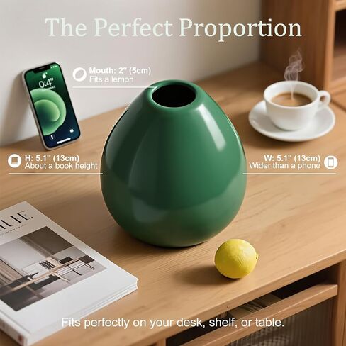 Flower Vase-Handcrafted Ceramic with Smooth Green Glaze, Small Vase for Flowers w/Waterproof Interior and Anti-Slip Bottom, Vases Home Decor Shelf Decor Table Centerpieces in Saudi Arabia