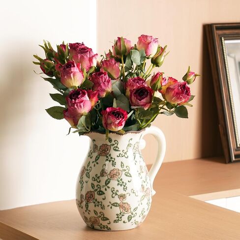 Vintage Ceramic Vase - 8.2 Inch Hand-Painted Roses with Ice Crackle Glaze Finish, American Farmhouse Style Pitcher Vase for Home Decor, Centerpiece, Shelf, Table, Office, Rustic Wedding Gift in Saudi Arabia