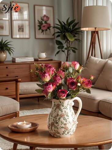 Vintage Ceramic Vase - 8.2 Inch Hand-Painted Roses with Ice Crackle Glaze Finish, American Farmhouse Style Pitcher Vase for Home Decor, Centerpiece, Shelf, Table, Office, Rustic Wedding Gift in Saudi Arabia