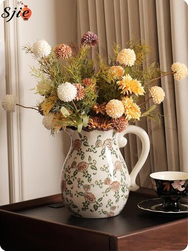 Vintage Ceramic Vase - 8.2 Inch Hand-Painted Roses with Ice Crackle Glaze Finish, American Farmhouse Style Pitcher Vase for Home Decor, Centerpiece, Shelf, Table, Office, Rustic Wedding Gift in Saudi Arabia