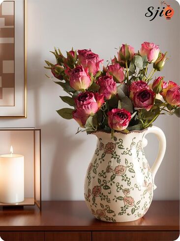 Vintage Ceramic Vase - 8.2 Inch Hand-Painted Roses with Ice Crackle Glaze Finish, American Farmhouse Style Pitcher Vase for Home Decor, Centerpiece, Shelf, Table, Office, Rustic Wedding Gift in Saudi Arabia
