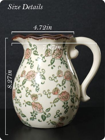 Vintage Ceramic Vase - 8.2 Inch Hand-Painted Roses with Ice Crackle Glaze Finish, American Farmhouse Style Pitcher Vase for Home Decor, Centerpiece, Shelf, Table, Office, Rustic Wedding Gift in Saudi Arabia