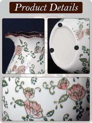 Vintage Ceramic Vase - 8.2 Inch Hand-Painted Roses with Ice Crackle Glaze Finish, American Farmhouse Style Pitcher Vase for Home Decor, Centerpiece, Shelf, Table, Office, Rustic Wedding Gift in Saudi Arabia