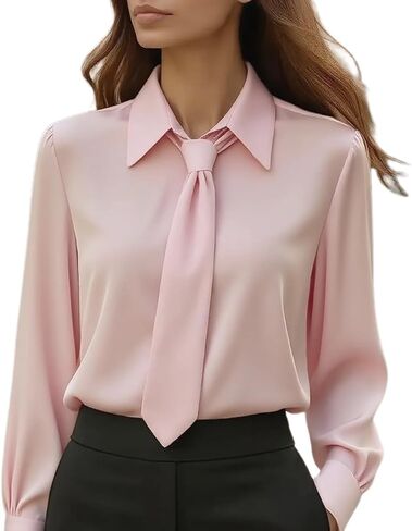 Women's Dressy Silk Blouses Business Casual Elegant Cowl Neck Long Sleeve Satin Work Office Shirts Tops with Tie in Saudi Arabia