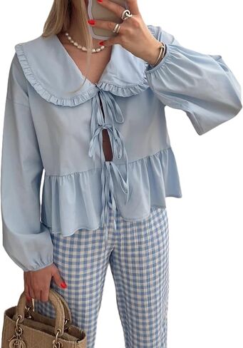 Women Lapel Doll Collar Blouse Puff Sleeve Pleated Tie Front Peplum Shirts Summer Cute Babydoll Tops in Saudi Arabia