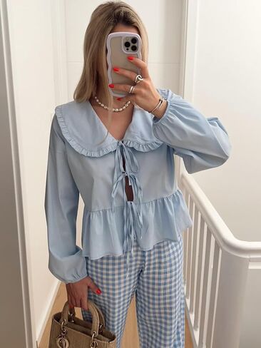 Women Lapel Doll Collar Blouse Puff Sleeve Pleated Tie Front Peplum Shirts Summer Cute Babydoll Tops in Saudi Arabia
