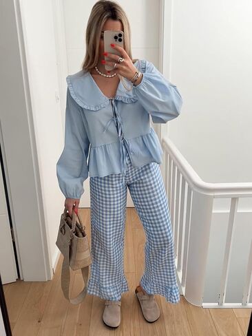 Women Lapel Doll Collar Blouse Puff Sleeve Pleated Tie Front Peplum Shirts Summer Cute Babydoll Tops in Saudi Arabia