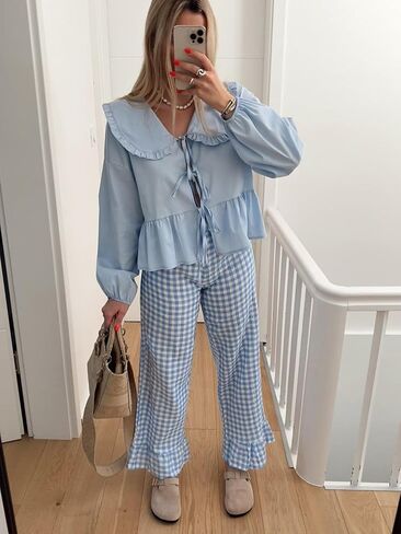 Women Lapel Doll Collar Blouse Puff Sleeve Pleated Tie Front Peplum Shirts Summer Cute Babydoll Tops in Saudi Arabia