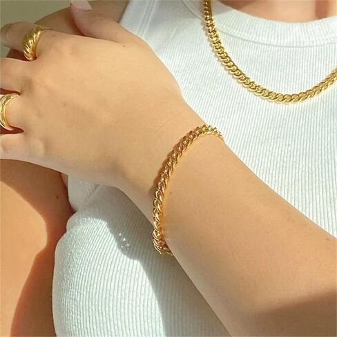 Cuban Chain Gold Bracelets for Women Waterproof 14K Gold Plated Jewelry for Women Trendy Thin Dainty Stainless Steels Chain Bracelet Classic Fashion Accessories Gifts for Womens in Saudi Arabia