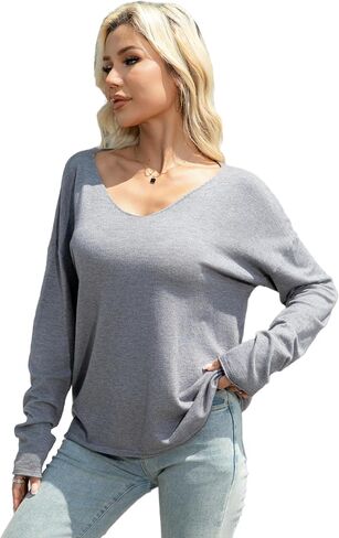 Women’s V Neck Knit Sweater Loose Fit Lightweight Pullover Long Sleeve Jumper Casual Fall Winter Tops in Saudi Arabia