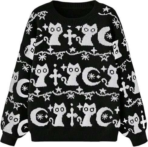 Wdirara Women's Goth Cartoon Pattern Sweater Long Sleeve Crewneck Knit Pullover Top in Saudi Arabia
