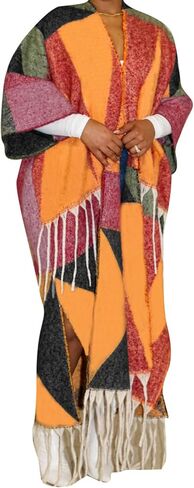 سترة نسائية طويلة غامضة من SHINFY مفتوحة من الأمام ومتماسكة ومكتنزة ومزودة بشراشيب وأهداب منفضة سترة صوفية in Kuwait