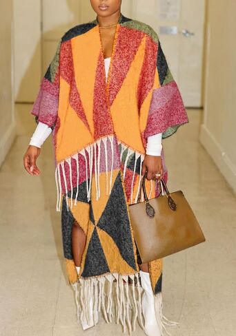 سترة نسائية طويلة غامضة من SHINFY مفتوحة من الأمام ومتماسكة ومكتنزة ومزودة بشراشيب وأهداب منفضة سترة صوفية in Kuwait