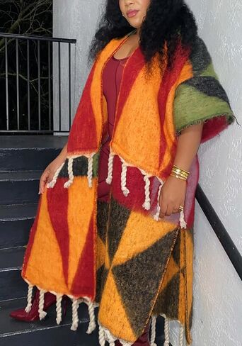 سترة نسائية طويلة غامضة من SHINFY مفتوحة من الأمام ومتماسكة ومكتنزة ومزودة بشراشيب وأهداب منفضة سترة صوفية in Kuwait