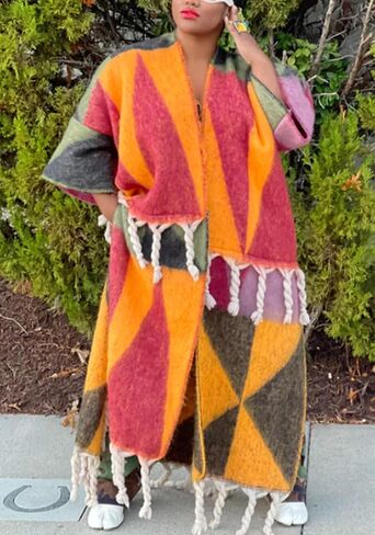 سترة نسائية طويلة غامضة من SHINFY مفتوحة من الأمام ومتماسكة ومكتنزة ومزودة بشراشيب وأهداب منفضة سترة صوفية in Kuwait