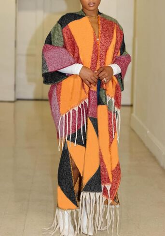 سترة نسائية طويلة غامضة من SHINFY مفتوحة من الأمام ومتماسكة ومكتنزة ومزودة بشراشيب وأهداب منفضة سترة صوفية in Kuwait