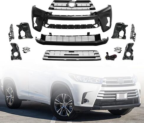 طقم غطاء المصد الأمامي من هايلاندر يناسب 2017 2018 2019 Toy-ota Highlander SE وLE وXLE وHybrid ومحدود مع شبكة علوية وشبكة سفلية ومصابيح ضباب - مجموعة كاملة للجسم in Kuwait