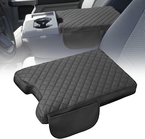 غطاء وحدة التحكم المركزية للسيارة متوافق مع Ford F150 2015-2025 F250 F350 F450 2017-2025 مع مقعد قفز 40/20/40، غطاء مسند ذراع من جلد البولي يوريثان للملحقات الداخلية لشاحنة السيارة (أسود، مع جيب جانبي) in Kuwait