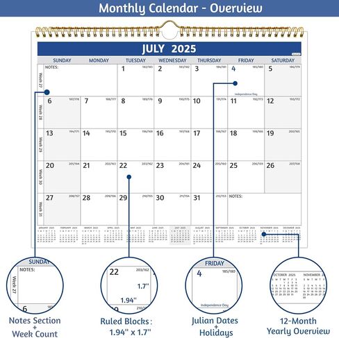 2025-2026 Wall Calendar - Jul. 2025 –Dec. 2026, 18 Months Calendar 2025-2026, 14.57 x 11.42 In, 2026 Calendar, Monthly Calendar with Large Blocks, Thick Paper, Holidays, Notes, Great for Planning in Saudi Arabia