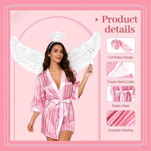 Mepase Pajama Angels Costume Womens Satin Pajama Set Long Sleeve Sleepwear with Wings Hairband Magic Wand Halloween Cosplay in Saudi Arabia