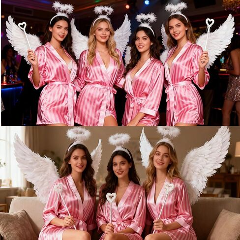 Mepase Pajama Angels Costume Womens Satin Pajama Set Long Sleeve Sleepwear with Wings Hairband Magic Wand Halloween Cosplay in Saudi Arabia