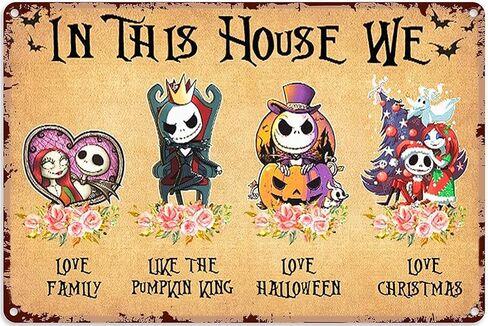 Halloween Christmas Decoration Jack Skeleton And Sally Floral Pumpkin In This House We Love Family,Christmas Retro Tin Sign Bar Club Farmhouse Warehouse Barn Metal Plaque 8x12 Inches in Saudi Arabia