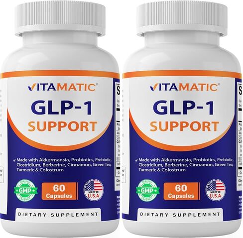 مكمل دعم Vitamatic GLP-1 للرجال والنساء 60 كبسولة - مصنوعة من الأكرمانسيا والبروبيوتيك والبريبايوتك وكلوستريديوم والبربرين والقرفة والشاي الأخضر والكركم واللبأ - عبوتان in Kuwait