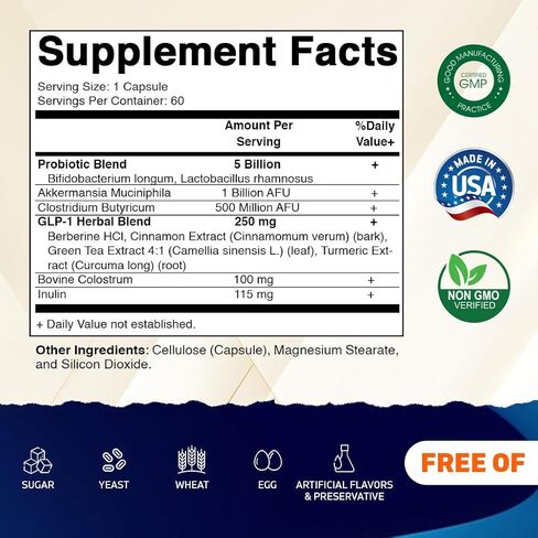 مكمل دعم Vitamatic GLP-1 للرجال والنساء 60 كبسولة - مصنوعة من الأكرمانسيا والبروبيوتيك والبريبايوتك وكلوستريديوم والبربرين والقرفة والشاي الأخضر والكركم واللبأ - عبوتان in Kuwait