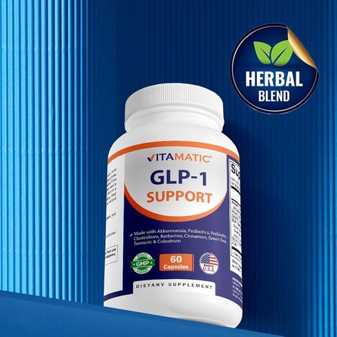 مكمل دعم Vitamatic GLP-1 للرجال والنساء 60 كبسولة - مصنوعة من الأكرمانسيا والبروبيوتيك والبريبايوتك وكلوستريديوم والبربرين والقرفة والشاي الأخضر والكركم واللبأ - عبوتان in Kuwait