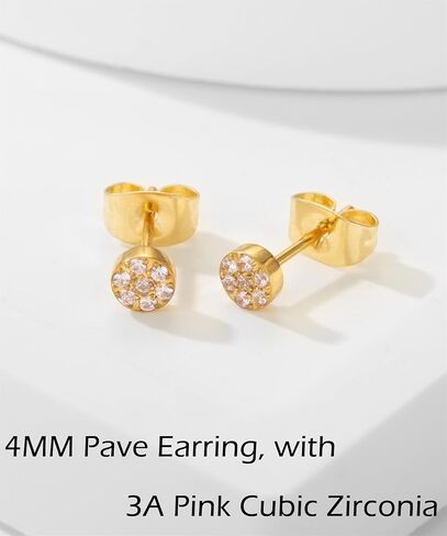 Pave CZ Flat Round Stud Earrings, Dainty 14K Gold Plated Surgical Steel Small Gold Cubic Zirconia Stud Earrings for Women Men Hypoallergenic in Saudi Arabia