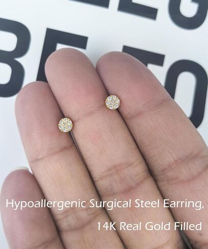 Pave CZ Flat Round Stud Earrings, Dainty 14K Gold Plated Surgical Steel Small Gold Cubic Zirconia Stud Earrings for Women Men Hypoallergenic in Saudi Arabia
