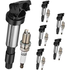 6-Pack UF522 Ignition Coils & 4504 Spark Plugs Compatible with BMW X3/X5/Z4/320i/325i/325xi/325Ci/330Ci/330i/330xi/525i/530i/760Li/760i, 3.0L 2.5L L6/6.0L V12 - Replaces 7092 12131712219 in Kuwait