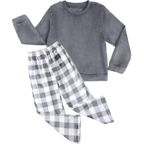 Weixinbuy Girls Fuzzy Pants Set Winter Flannel Fleece Outfits Pajamas Set for Kids Girls Crewneck Top & Plaid Pants Sweatsuit in Kuwait