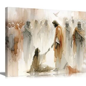 يسوع يشفي المرأة قماش جدار الفن امرأة تلمس تنحنح تنورة يسوع جدار ديكور صورة مائية قصص الكتاب المقدس ملصق طباعة اللوحة لغرفة المعيشة المسيحية ديكور المنزل الاستعداد للتعليق in Kuwait