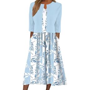 XNC Womens 2 Piece Set Fashion Fresh Plant Print Midi Dress V-Neck Half Sleeve with Jacket A-line Dresses Lounge Outfits in Saudi Arabia