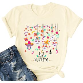 Day of The Dead Shirts: Women Mexican Dia De Los Muertos T-Shirt Sugar Skull Mask Short Sleeve Tee Tops in Saudi Arabia