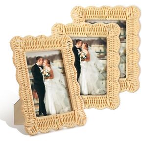 3 Pcs Scalloped Wicker Weave Rattan Photo Frame for Picture Handmade Rattan Made Picture Frames Wall Decor Boho Farmhouse Style Tabletop Photo Display Decorative Home Bookshelf (5 x 7) in Saudi Arabia
