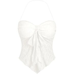 SHENHE Women's Lace Halter Top Bow Knot Front Backless Asymmetrical Y2k Going Out Coquette Tank in Saudi Arabia