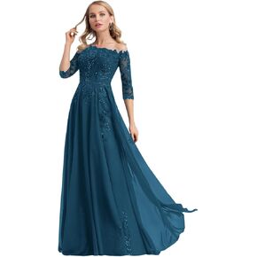 One Shoulder Mother of Bride Dresses with Sleeves A Line Lace Applique Sequin Chiffon Long Evening Prom Gown for Women in Saudi Arabia