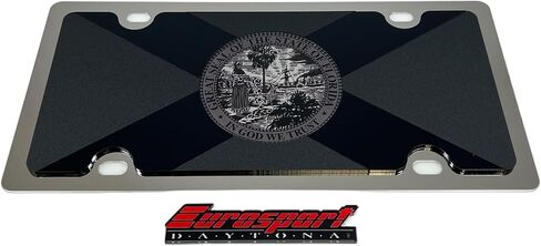 Eurosport Daytona Black w/Black Mirror & Gray Scale Crest State Flag License Plate for Florida (Chrome) in Saudi Arabia