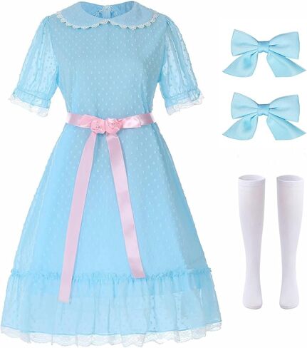 Women Halloween Twin Cosplay Dress Blue Puff Sleeve Lolita Dresses with Socks Creepy Sisters Costume Outfits in Kuwait