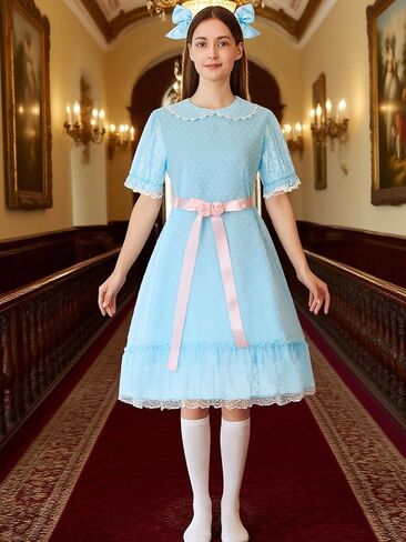 Women Halloween Twin Cosplay Dress Blue Puff Sleeve Lolita Dresses with Socks Creepy Sisters Costume Outfits in Kuwait