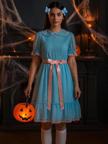 Women Halloween Twin Cosplay Dress Blue Puff Sleeve Lolita Dresses with Socks Creepy Sisters Costume Outfits in Kuwait