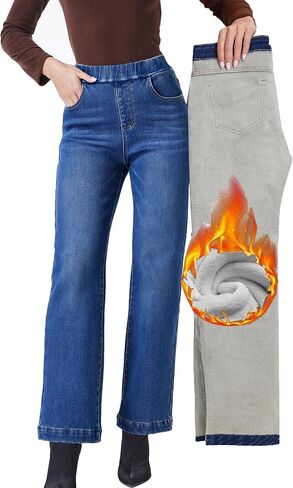 Fakanhui Women's Wide Leg Fleece Lined Jeans Winter Thermal Flannel Lined Jeans Loose Pull on Jeans in Kuwait