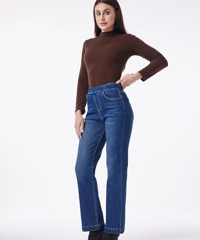 Fakanhui Women's Wide Leg Fleece Lined Jeans Winter Thermal Flannel Lined Jeans Loose Pull on Jeans in Kuwait