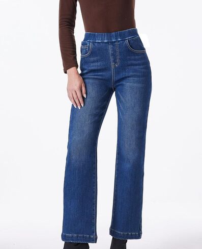 Fakanhui Women's Wide Leg Fleece Lined Jeans Winter Thermal Flannel Lined Jeans Loose Pull on Jeans in Kuwait